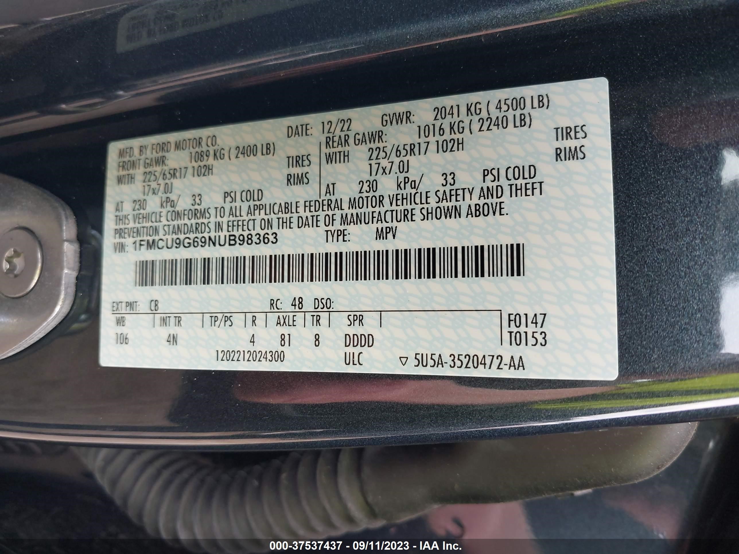 Photo 8 VIN: 1FMCU9G69NUB98363 - FORD ESCAPE 