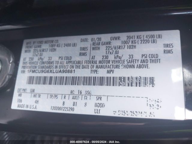 Photo 8 VIN: 1FMCU9G6XLUA90881 - FORD ESCAPE 