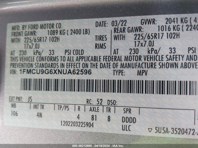 Photo 8 VIN: 1FMCU9G6XNUA62596 - FORD ESCAPE 