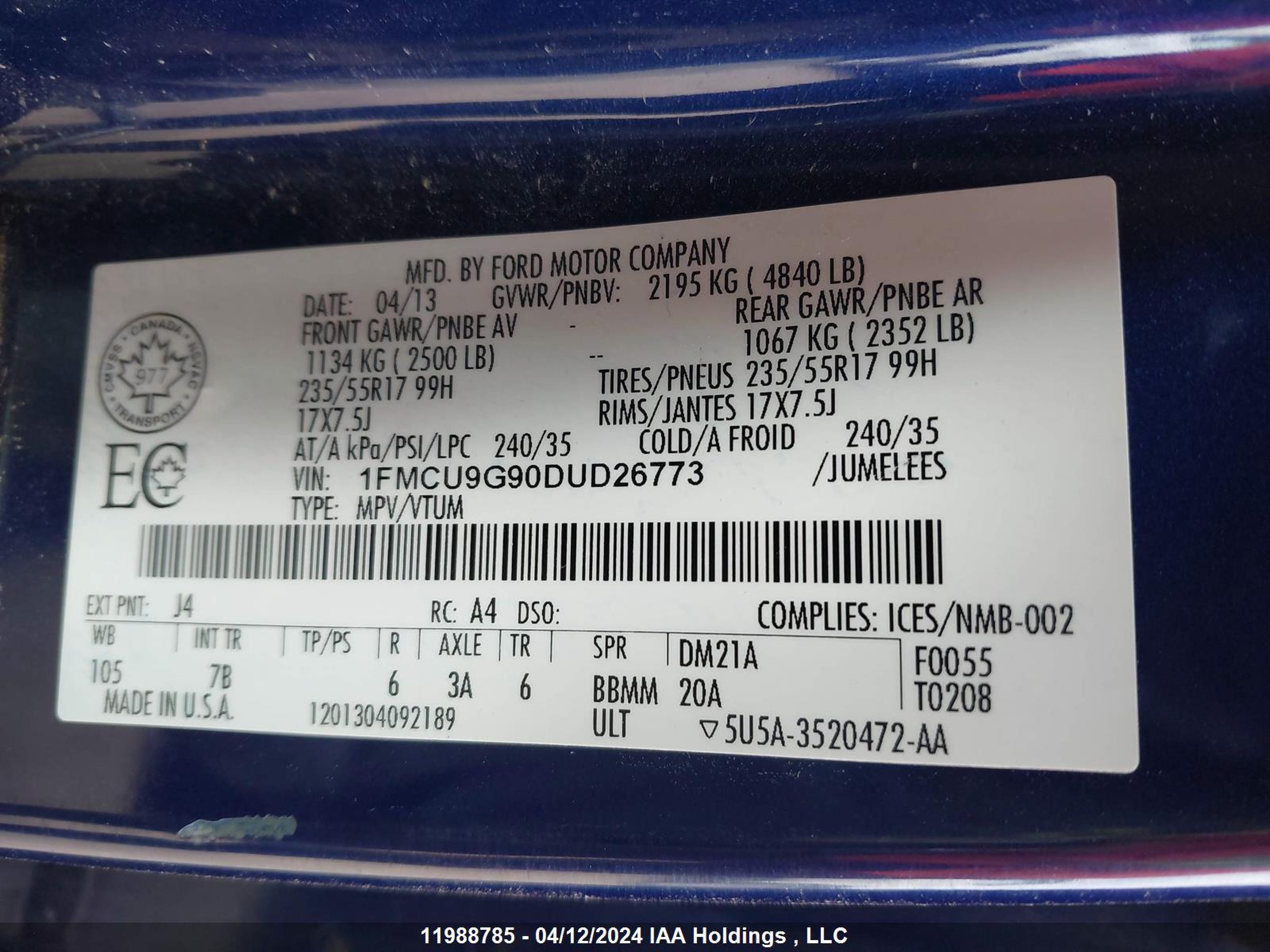 Photo 8 VIN: 1FMCU9G90DUD26773 - FORD ESCAPE 