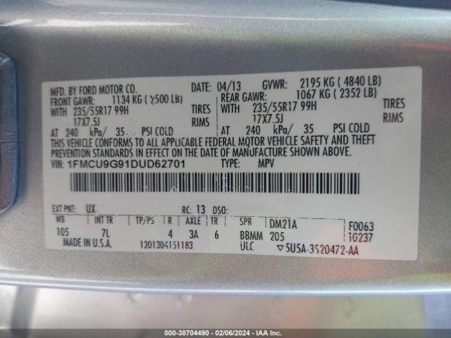 Photo 8 VIN: 1FMCU9G91DUD62701 - FORD ESCAPE 