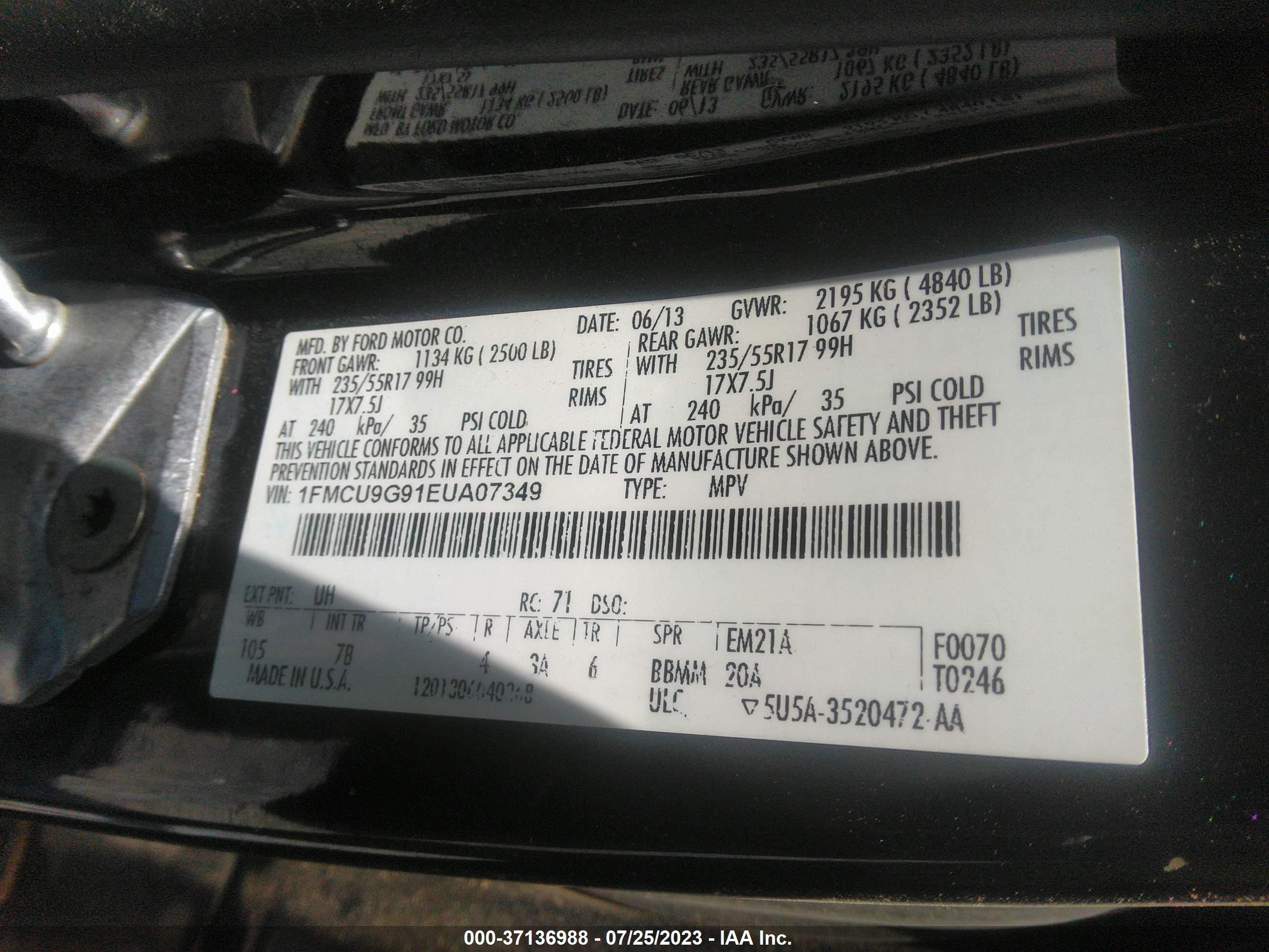 Photo 8 VIN: 1FMCU9G91EUA07349 - FORD ESCAPE 