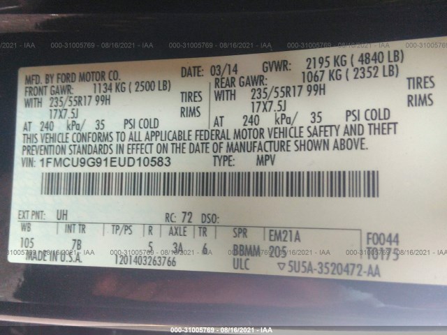 Photo 8 VIN: 1FMCU9G91EUD10583 - FORD ESCAPE 