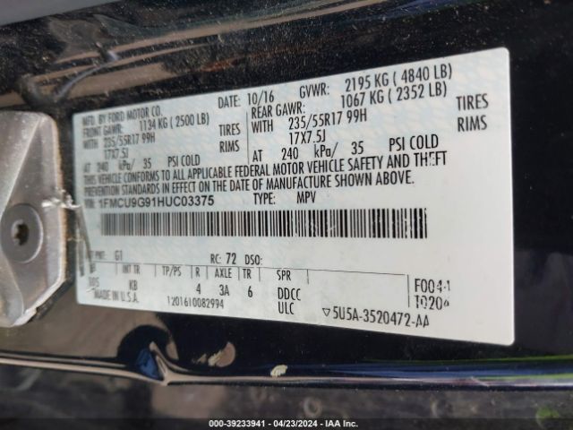 Photo 8 VIN: 1FMCU9G91HUC03375 - FORD ESCAPE 