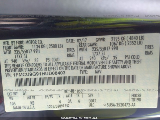 Photo 8 VIN: 1FMCU9G91HUD08403 - FORD ESCAPE 