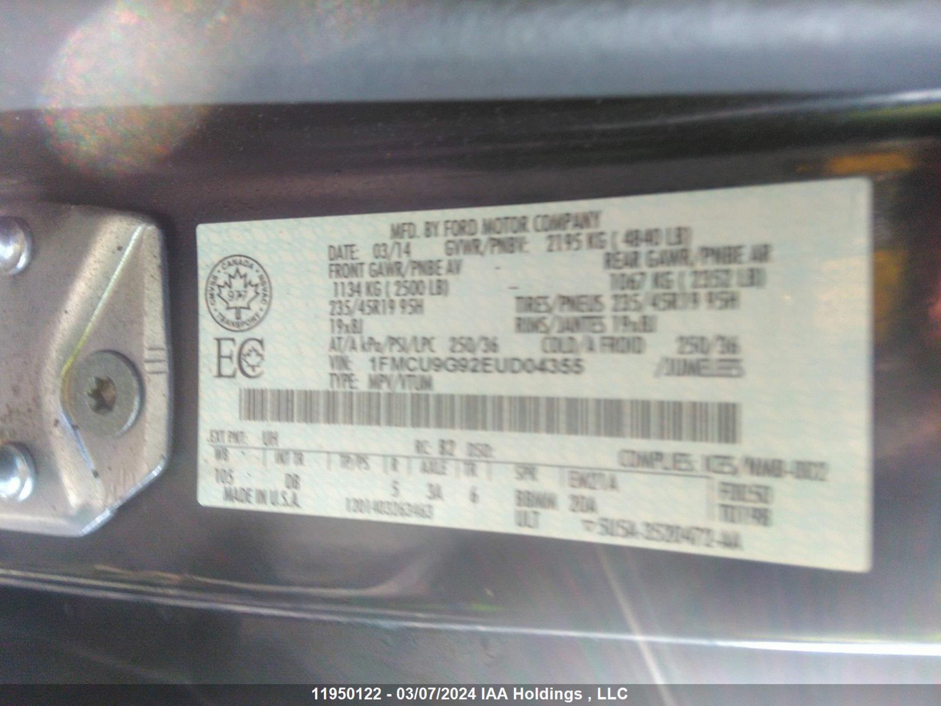 Photo 8 VIN: 1FMCU9G92EUD04355 - FORD ESCAPE 