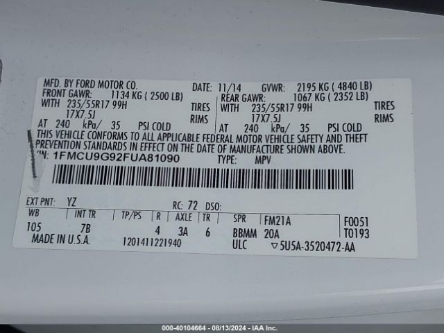 Photo 8 VIN: 1FMCU9G92FUA81090 - FORD ESCAPE 