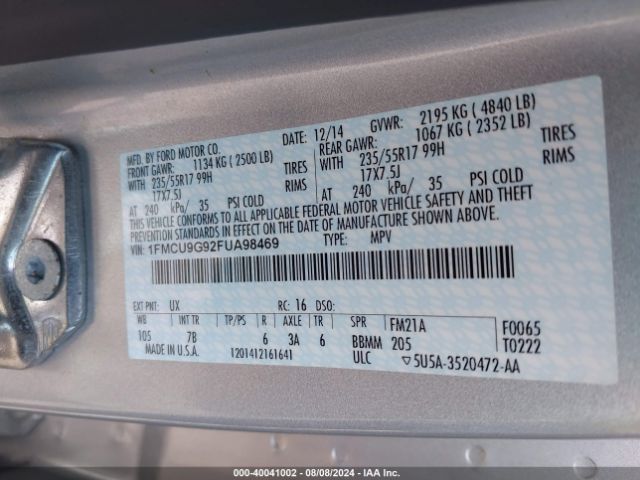 Photo 8 VIN: 1FMCU9G92FUA98469 - FORD ESCAPE 