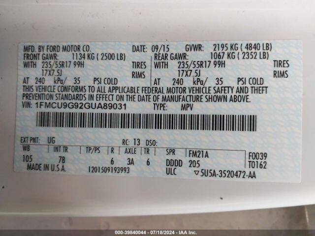 Photo 8 VIN: 1FMCU9G92GUA89031 - FORD ESCAPE 