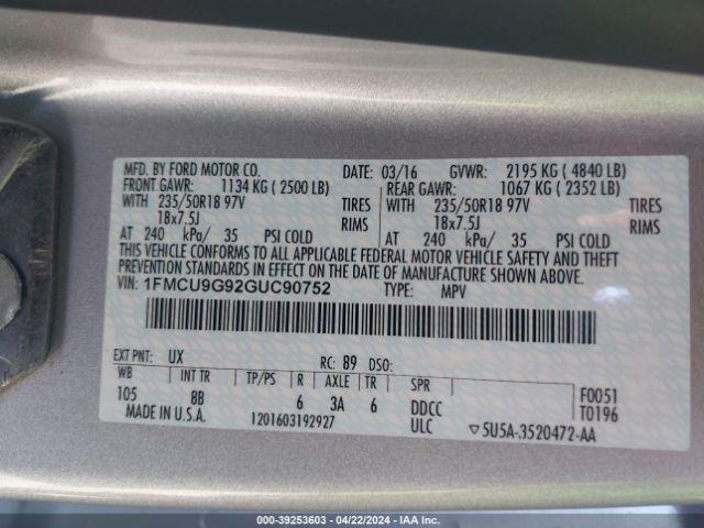 Photo 8 VIN: 1FMCU9G92GUC90752 - FORD ESCAPE 