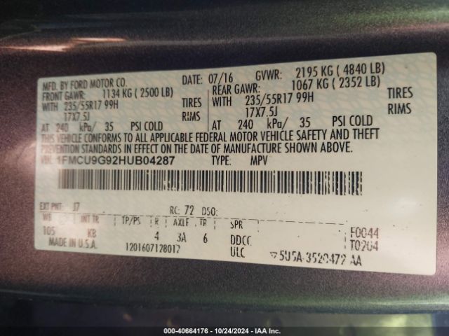 Photo 8 VIN: 1FMCU9G92HUB04287 - FORD ESCAPE 