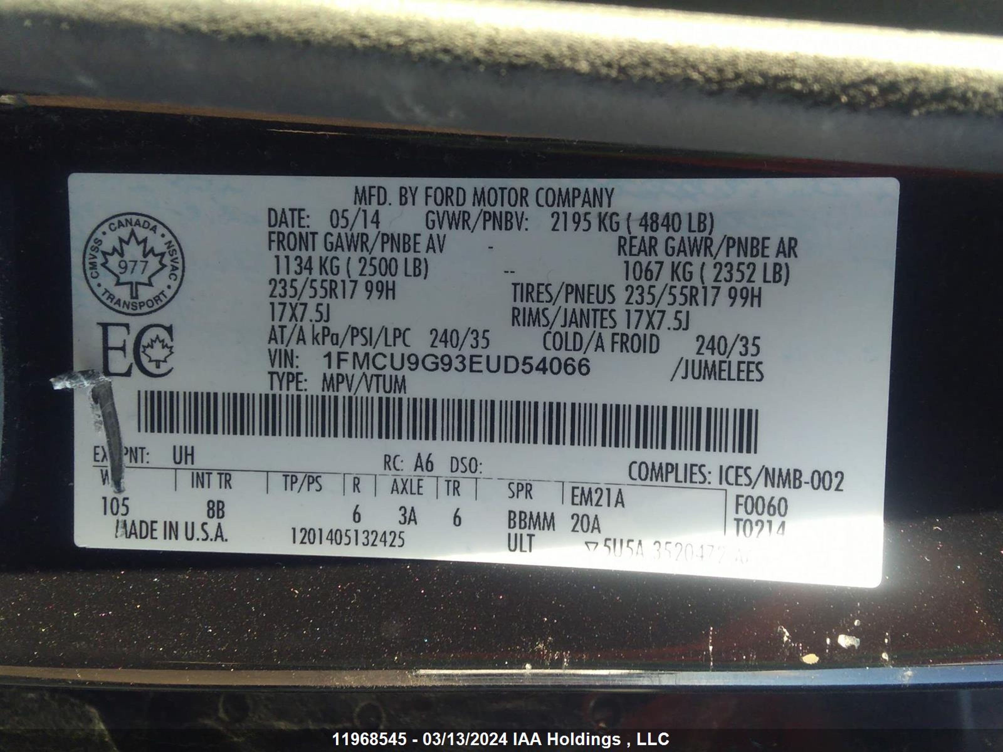 Photo 8 VIN: 1FMCU9G93EUD54066 - FORD ESCAPE 