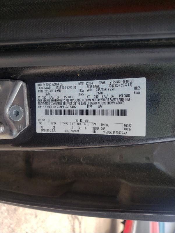 Photo 9 VIN: 1FMCU9G93FUA97492 - FORD ESCAPE SE 