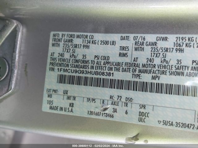 Photo 8 VIN: 1FMCU9G93HUB08381 - FORD ESCAPE 