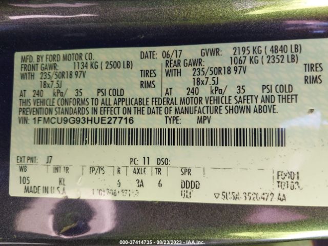 Photo 8 VIN: 1FMCU9G93HUE27716 - FORD ESCAPE 