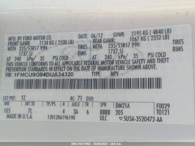 Photo 8 VIN: 1FMCU9G94DUA34320 - FORD ESCAPE 