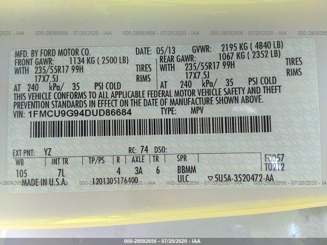 Photo 8 VIN: 1FMCU9G94DUD86684 - FORD ESCAPE 