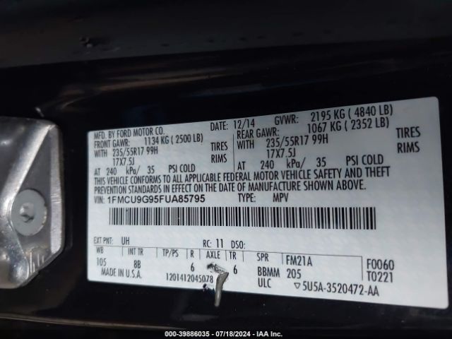 Photo 8 VIN: 1FMCU9G95FUA85795 - FORD ESCAPE 