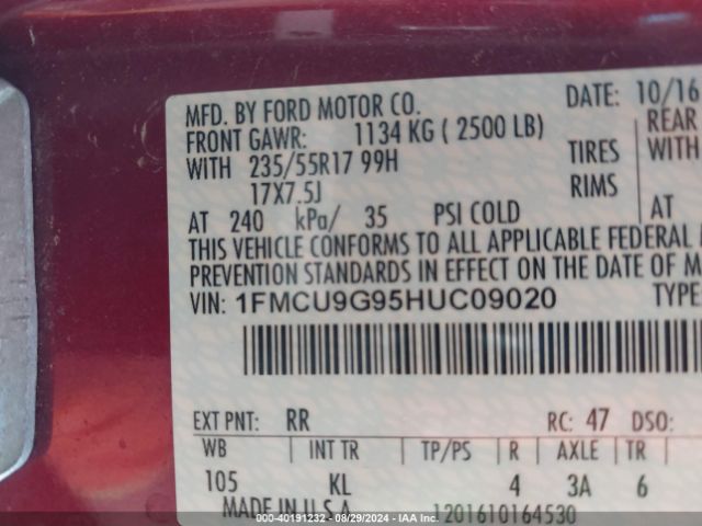 Photo 8 VIN: 1FMCU9G95HUC09020 - FORD ESCAPE 