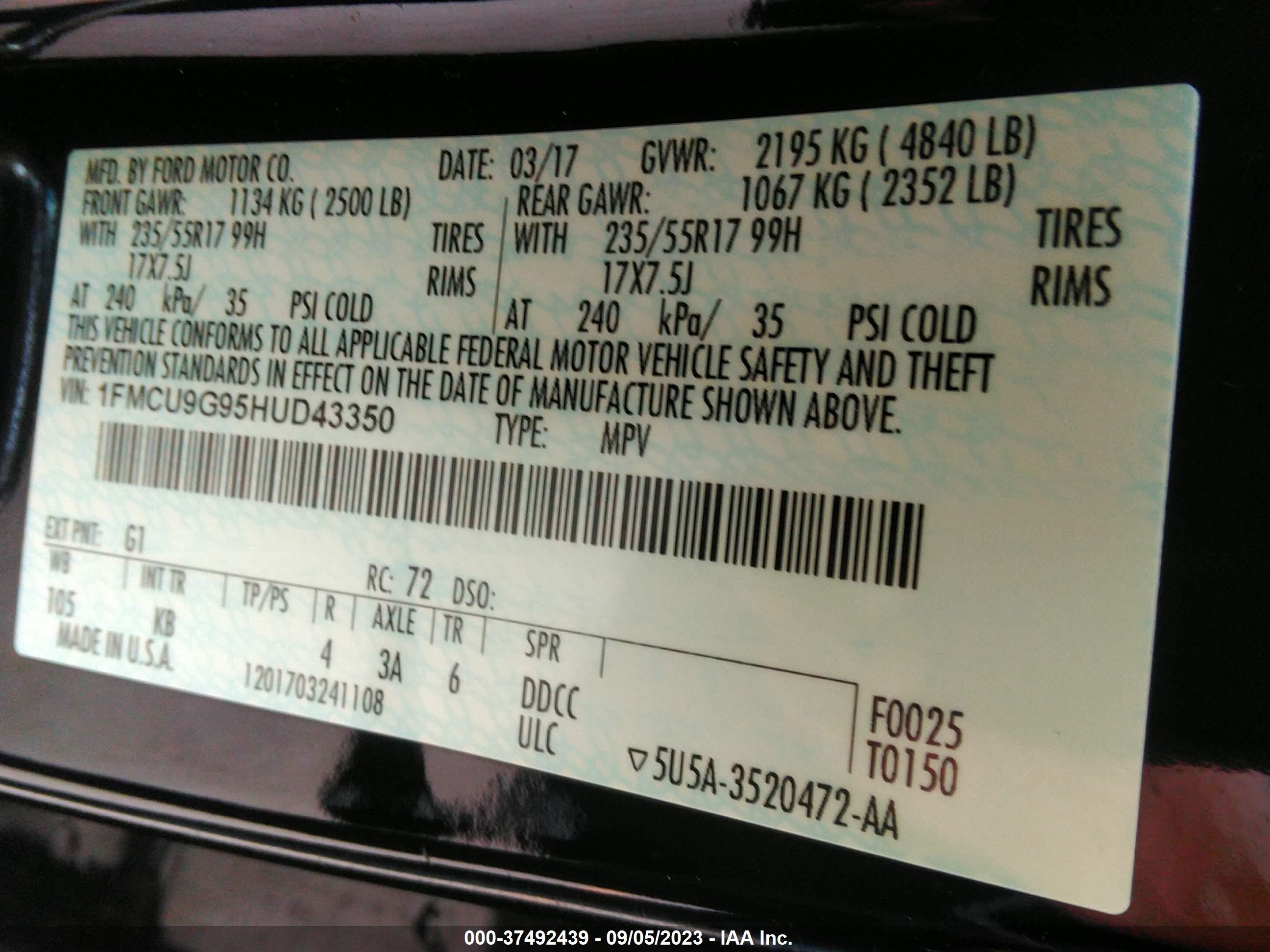 Photo 8 VIN: 1FMCU9G95HUD43350 - FORD ESCAPE 