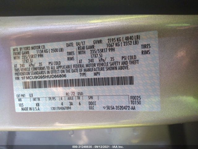 Photo 8 VIN: 1FMCU9G95HUD66806 - FORD ESCAPE 