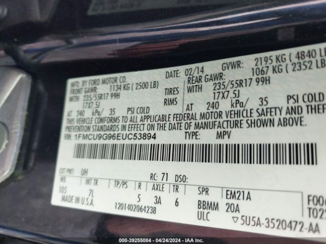 Photo 8 VIN: 1FMCU9G96EUC53894 - FORD ESCAPE 