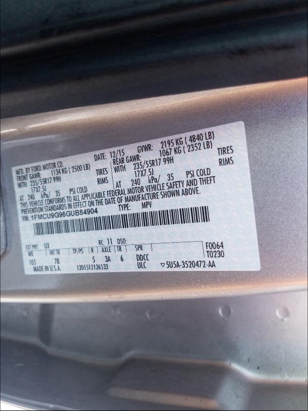 Photo 9 VIN: 1FMCU9G96GUB84904 - FORD ESCAPE 