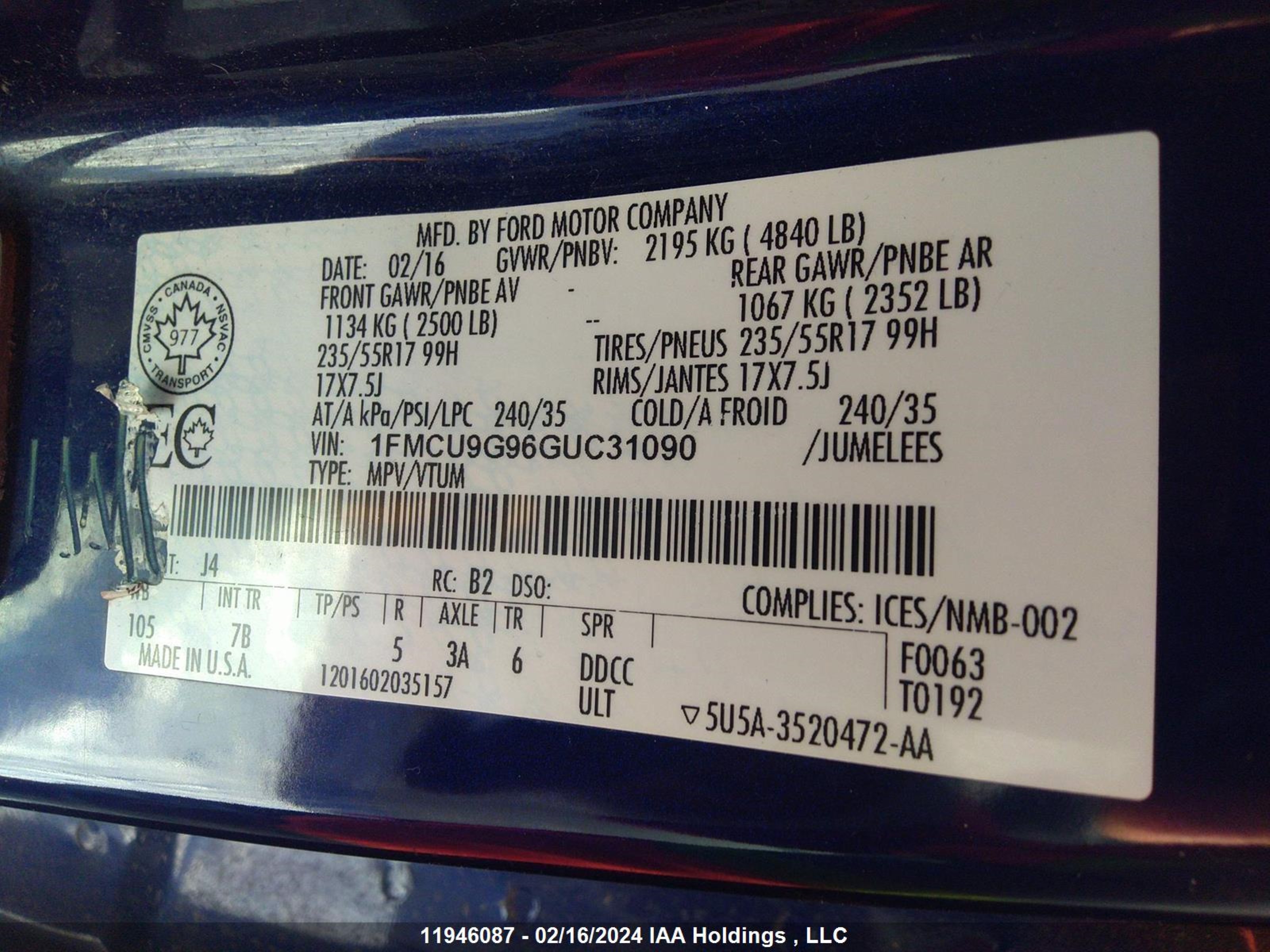 Photo 8 VIN: 1FMCU9G96GUC31090 - FORD ESCAPE 