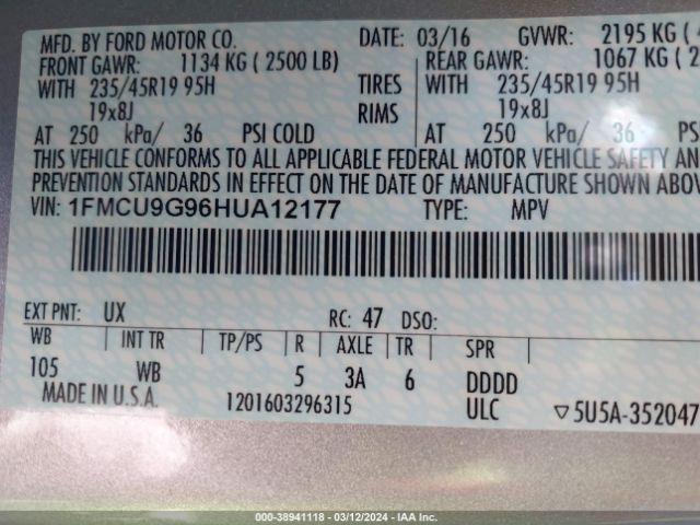 Photo 8 VIN: 1FMCU9G96HUA12177 - FORD ESCAPE 