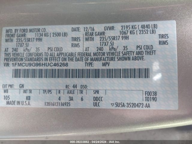 Photo 8 VIN: 1FMCU9G96HUC46268 - FORD ESCAPE 