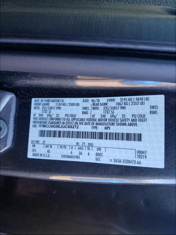 Photo 9 VIN: 1FMCU9G96JUC89272 - FORD ESCAPE SE 