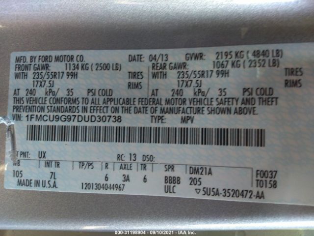 Photo 8 VIN: 1FMCU9G97DUD30738 - FORD ESCAPE 