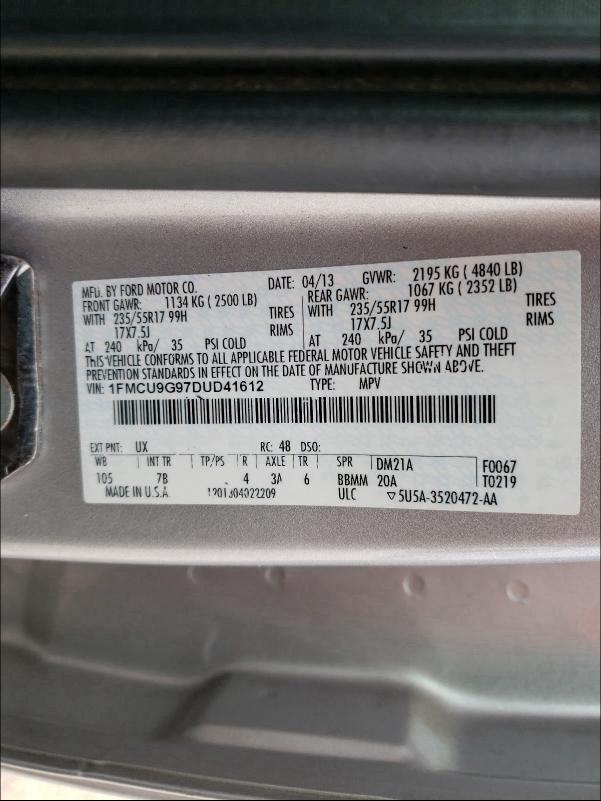 Photo 9 VIN: 1FMCU9G97DUD41612 - FORD ESCAPE SE 