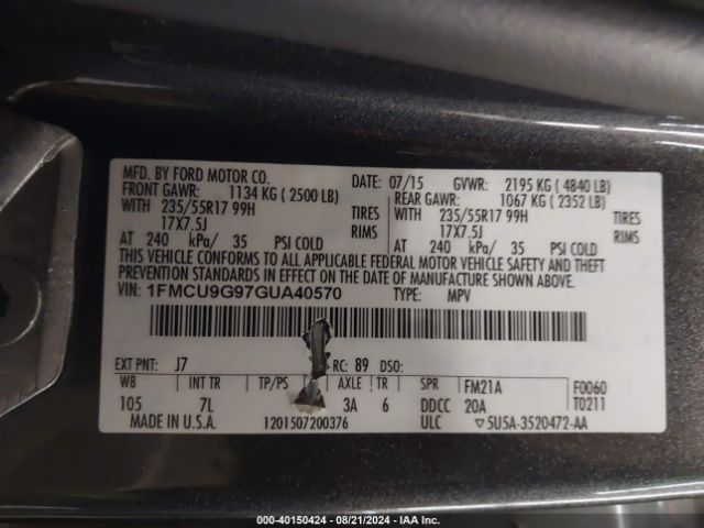 Photo 8 VIN: 1FMCU9G97GUA40570 - FORD ESCAPE 