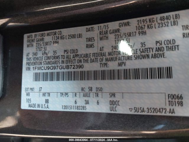 Photo 8 VIN: 1FMCU9G97GUB72390 - FORD ESCAPE 