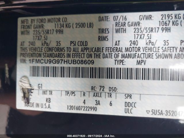 Photo 8 VIN: 1FMCU9G97HUB08609 - FORD ESCAPE 