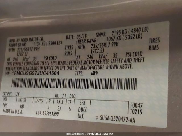 Photo 8 VIN: 1FMCU9G97JUC41604 - FORD ESCAPE 