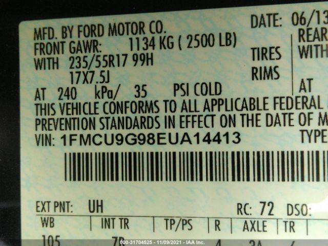 Photo 8 VIN: 1FMCU9G98EUA14413 - FORD ESCAPE 