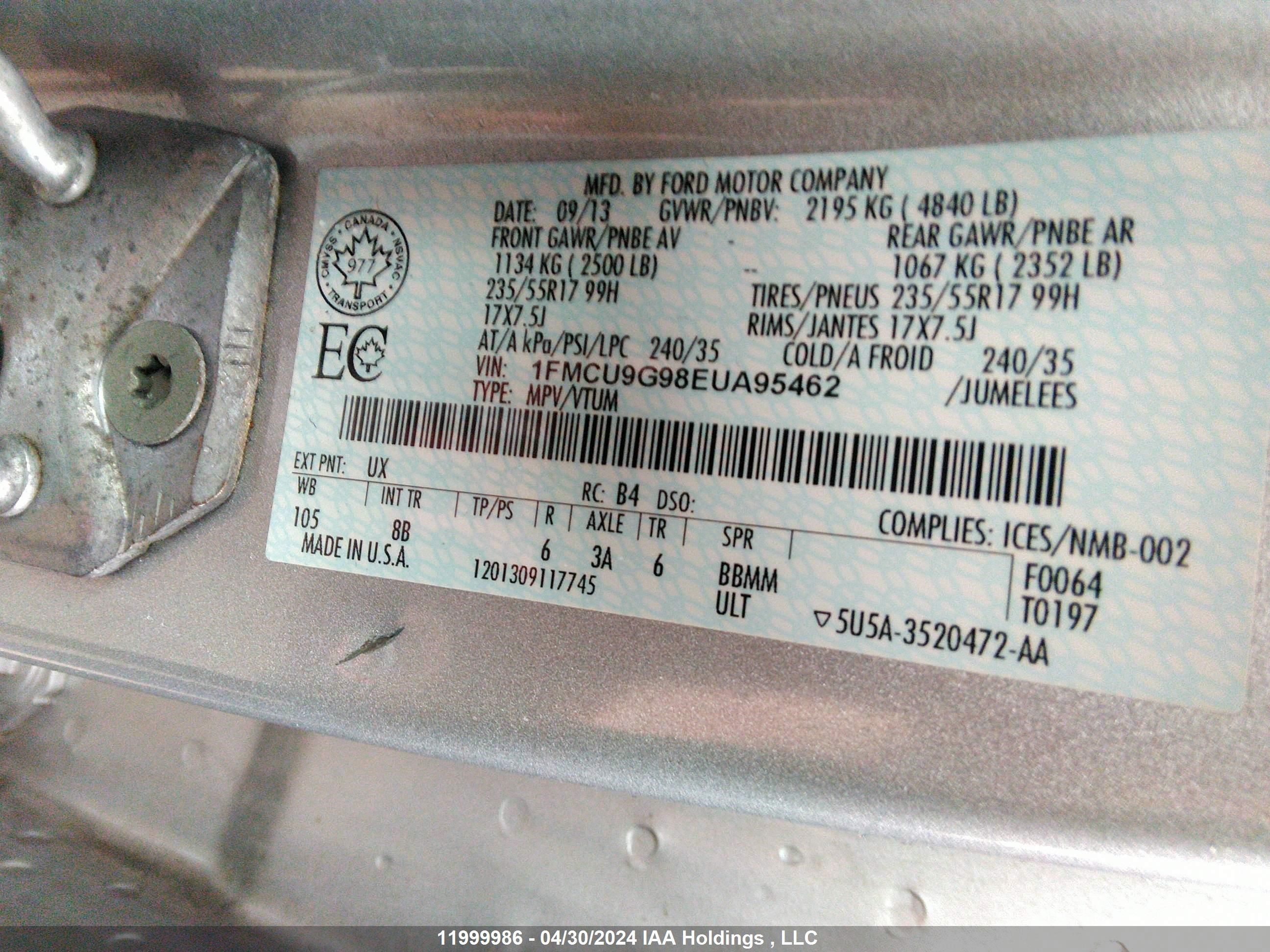 Photo 8 VIN: 1FMCU9G98EUA95462 - FORD ESCAPE 