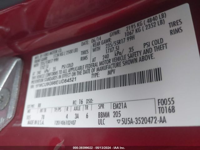 Photo 8 VIN: 1FMCU9G98EUD84521 - FORD ESCAPE 