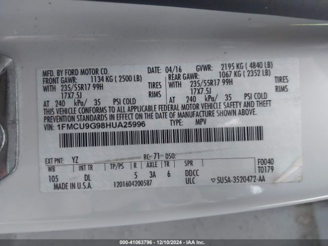 Photo 8 VIN: 1FMCU9G98HUA25996 - FORD ESCAPE 