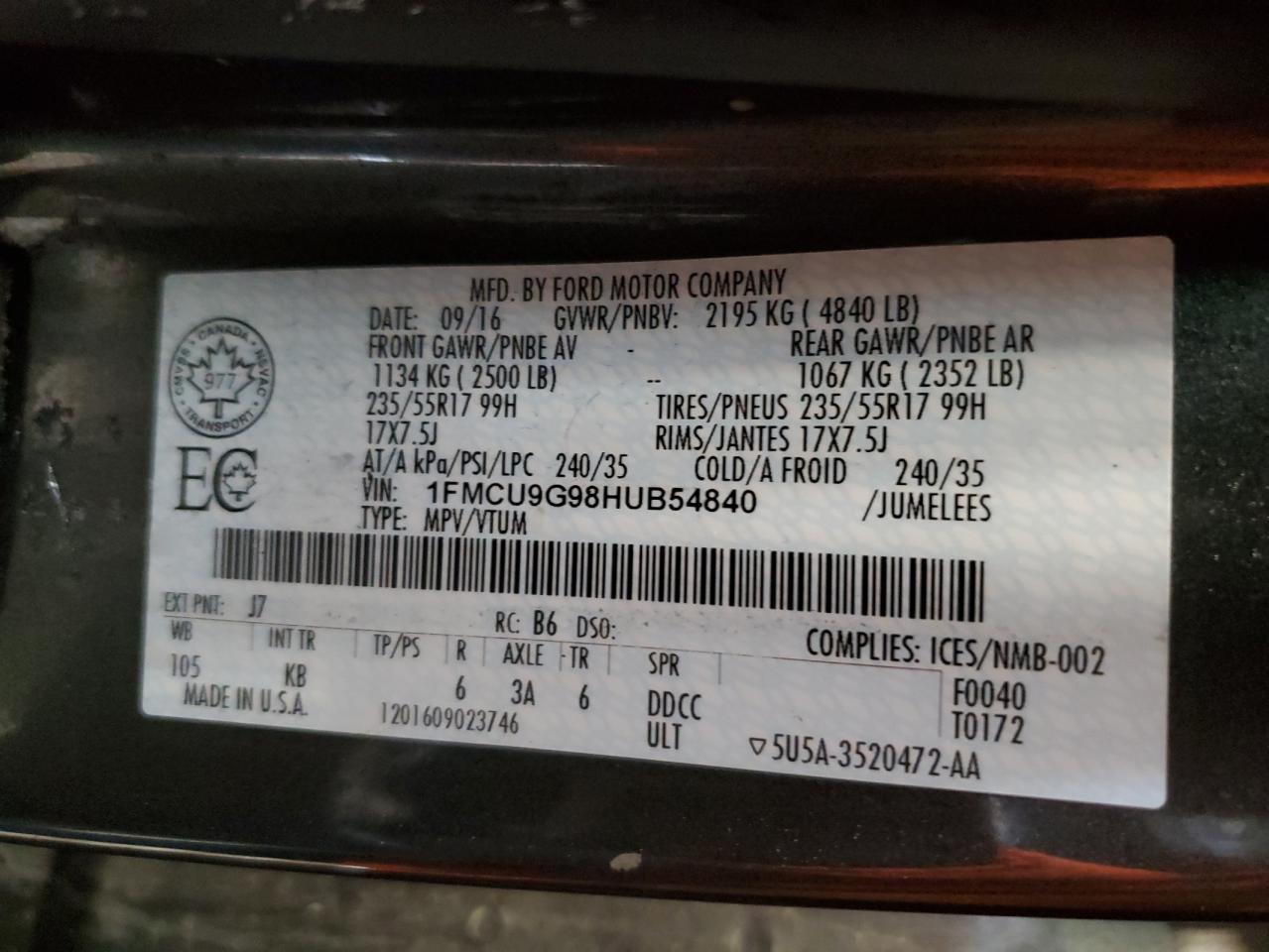 Photo 12 VIN: 1FMCU9G98HUB54840 - FORD ESCAPE 