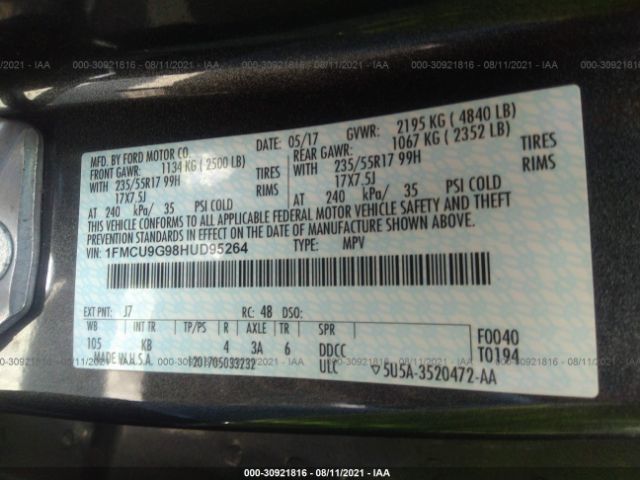 Photo 8 VIN: 1FMCU9G98HUD95264 - FORD ESCAPE 