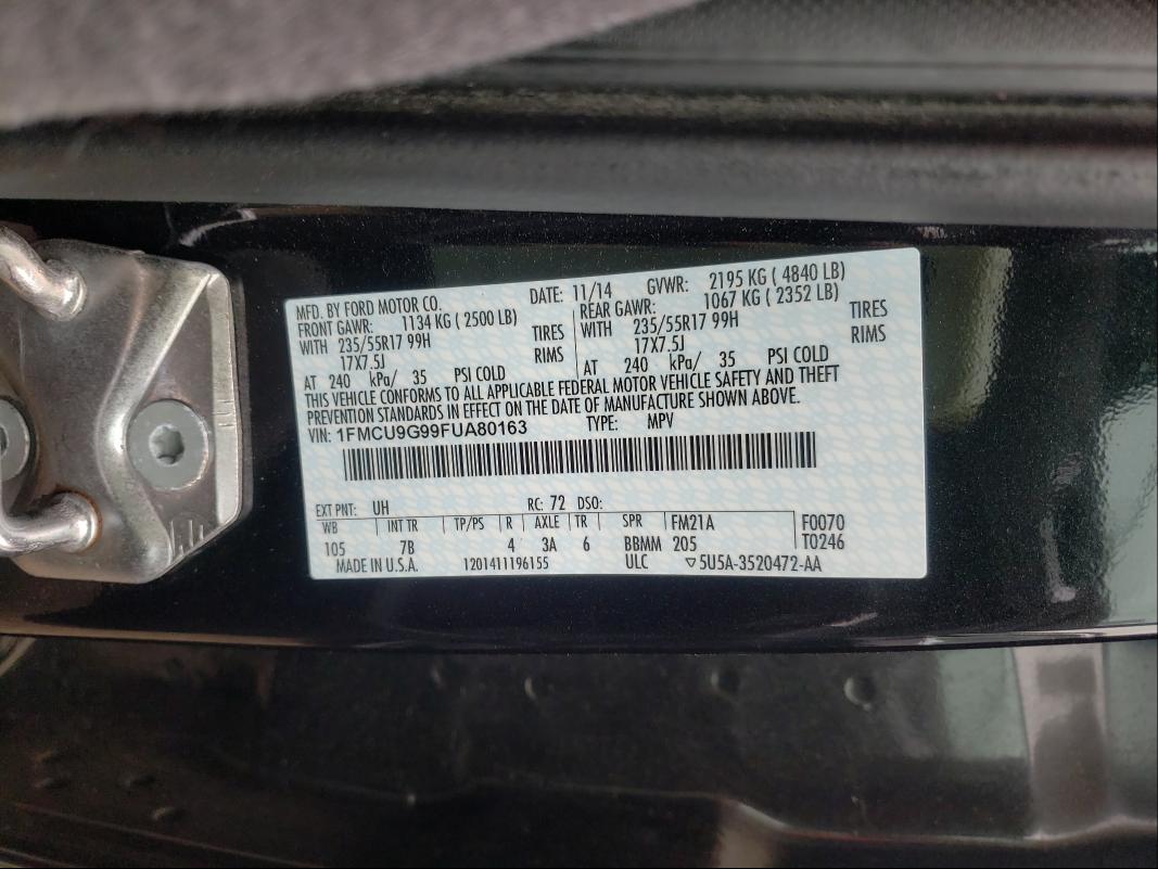 Photo 9 VIN: 1FMCU9G99FUA80163 - FORD ESCAPE SE 