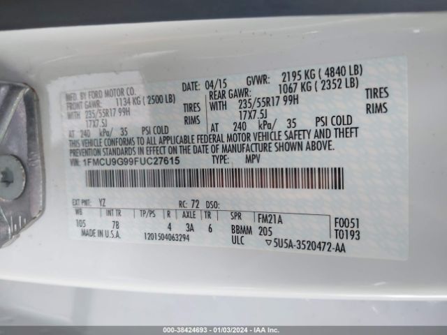 Photo 8 VIN: 1FMCU9G99FUC27615 - FORD ESCAPE 