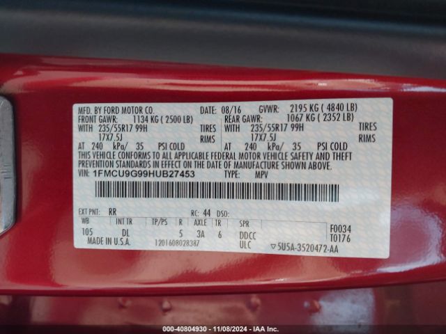 Photo 8 VIN: 1FMCU9G99HUB27453 - FORD ESCAPE 