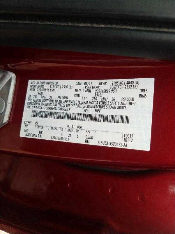 Photo 9 VIN: 1FMCU9G99HUC85257 - FORD ESCAPE SE 