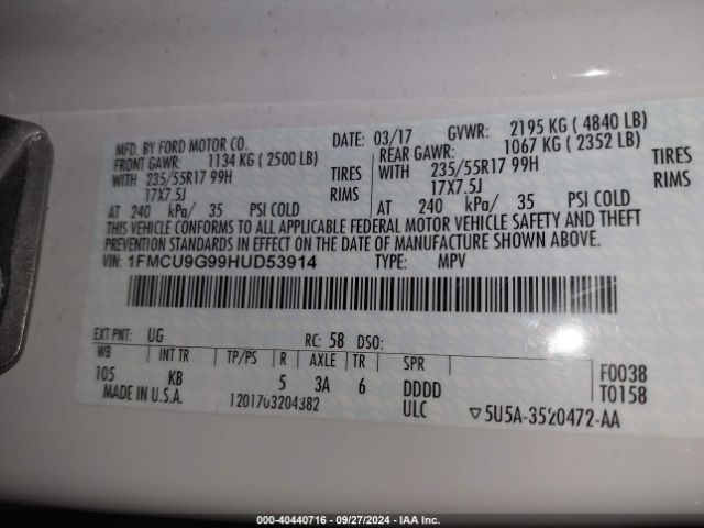 Photo 8 VIN: 1FMCU9G99HUD53914 - FORD ESCAPE 