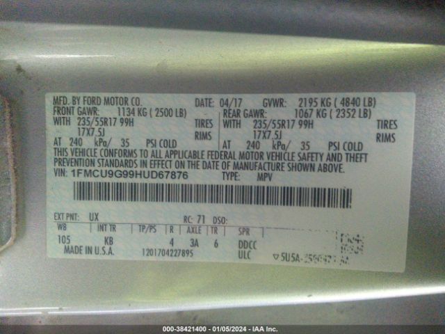 Photo 8 VIN: 1FMCU9G99HUD67876 - FORD ESCAPE 