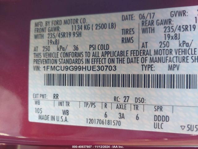 Photo 8 VIN: 1FMCU9G99HUE30703 - FORD ESCAPE 